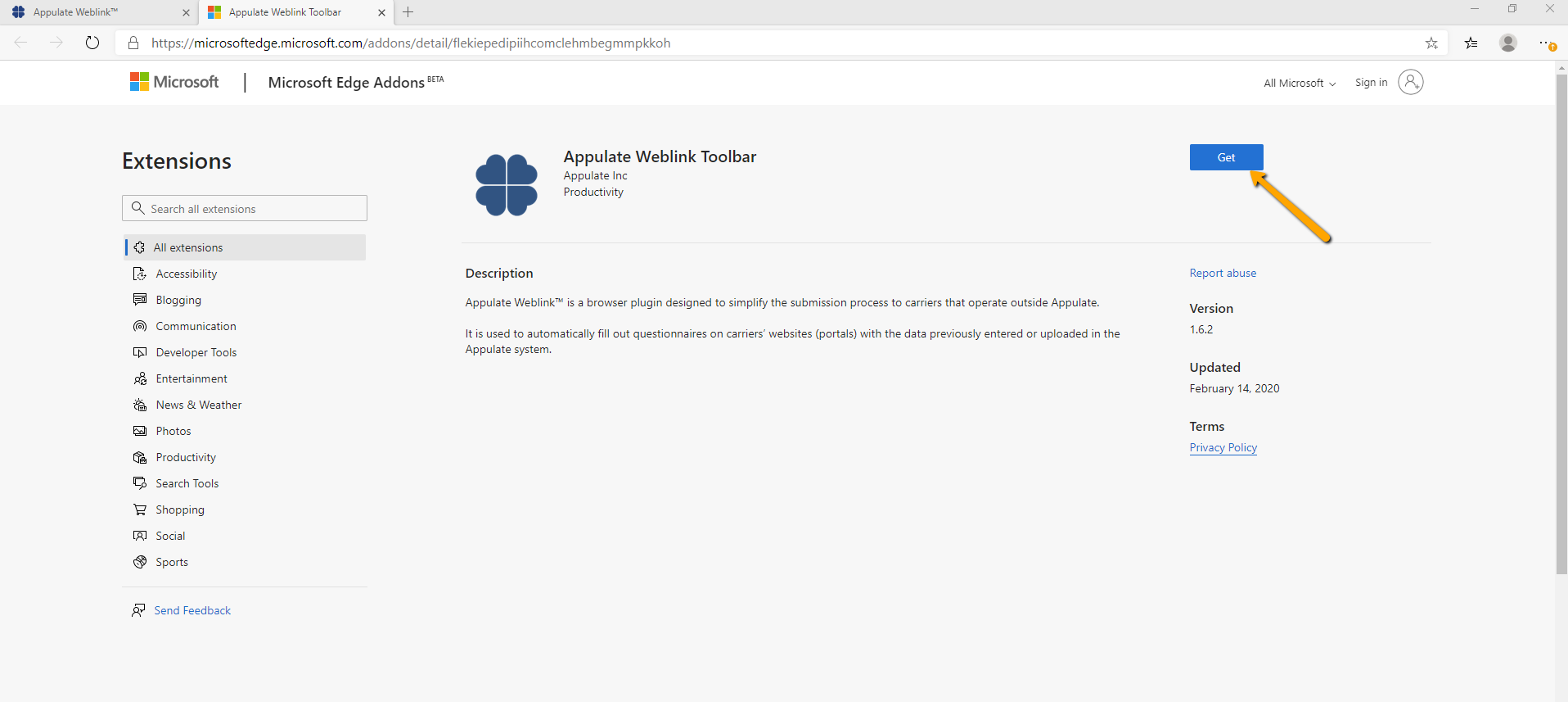 Weblink installation for Microsoft Edge